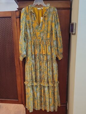 HERMOZA Elizabeth Tiered Maxi Dress in Saffron Size Large - NWT
